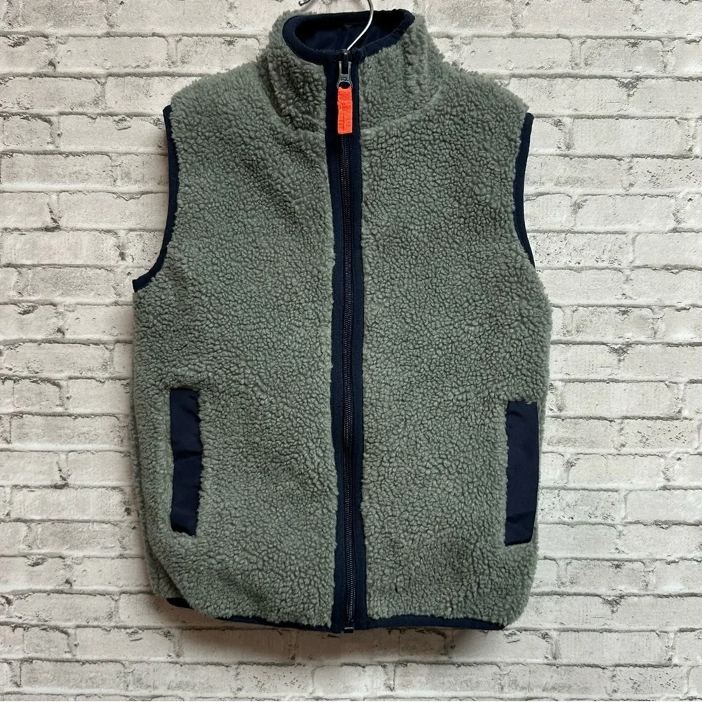 OshKosh BGosh Gray Sherpa Toddler Boys Size 4 Vest Navy Trim Lined Pockets